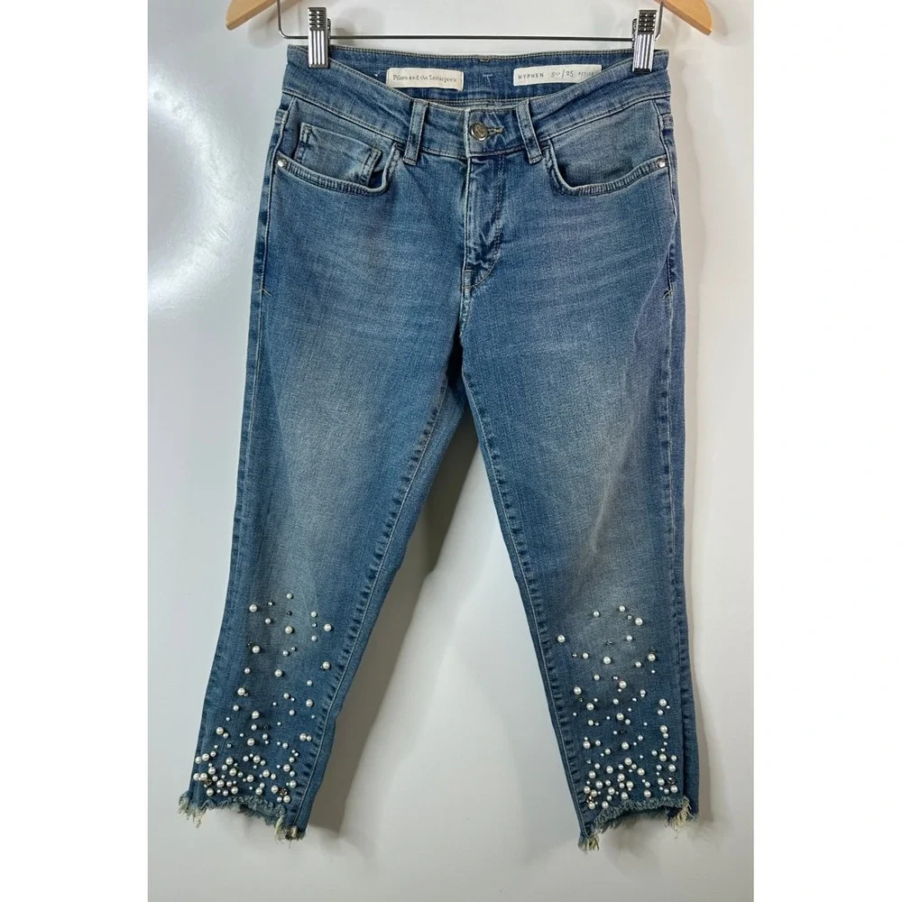 Pilcro Hyphen Pearl Mid-Rise Relaxed Boyfriend Jeans 25 Petite Embellished Crop - Picture 2 of 16